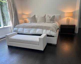 Restoration Hardware Eastern King Upholstered Bed (48" Headboard Height / 13" Footboard Height) with Restoration Hardware Upholstered Settee (60"W x 20"D x 19"H) & Restoration Hardware 1 Drawer Side Table (32-1/2"W x 20-1/2"D x 20-1/2"H)