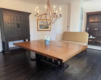 Oak Top & Trestle Base Rectangular Dining Table (66"W x 96"L x 29-1/2"H) with A. Rudin of Los Angeles Monarch Design Upholstered Walnut X-Stretcher Based Benches (66"W x 25"D x 44"H / 2 Available)