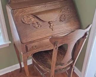 Antique Oak SlantFront Desk w Chair