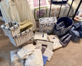Tons of blue and white bedding and organizing items and new with tags items