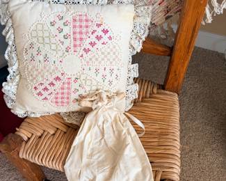 Embroidery linens and pair of old chairs, angel collection