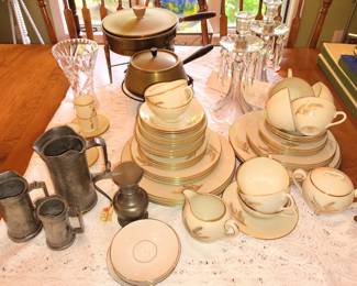 Lenox Whet China, Pewter Creamers, Vintage Copper Chafing Dish, Crystal Vase, Crystal Candle Holders.