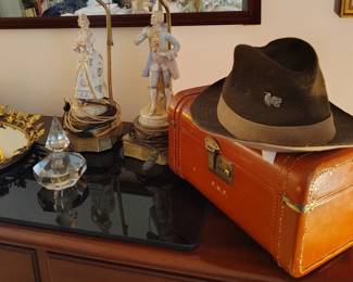 Large Wool Fedora Quacker Marin PA, Vintage Leather Travel Case, Crystal Perfume Decanter,