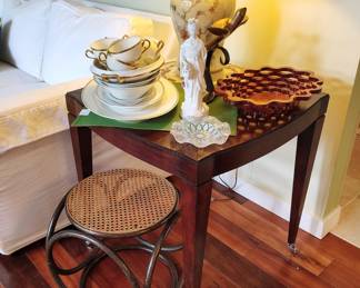 Baker Furniture Side Table, Turin, Bavaria China, Fujian China Statue, Rattan Footstool, SPI Turtle Sculpture.