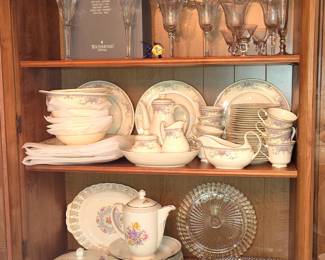 Waterford Crystal Champagne Flutes, Etched Crystal Stemware, Royal Doulton Romance China "Juliet", Chodziez Teapot, Bowls (partial set)