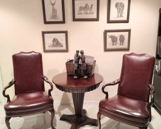 Queen Anne Style Burgandy Leather Office Chairs, Mahagony Pedestal Table, African Animal Prints  
