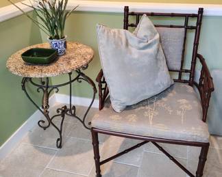 Rattan Arm Chair, Wrought Iron and Marble Top Table, USA Dish/Planter,