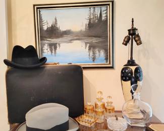 Broner Fedora sz Medium, Stetson Fedora, Antique Suitcase, Mid Century Porcelain Lamp, Paris