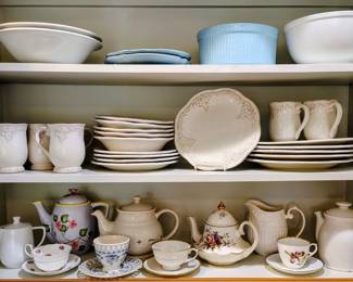 English Teapots, Lingaberger, Burton, Keri Design Dinnerware, Gibson Bowls, Pot Sop Massachusettes Casserole Dish, Various Teacups