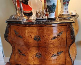 Early 19th Century Louis XV Style Bombay Chest, Lalique Eagle, Cloisonne Vase Japan, Sterling Candlesticks, Porcelain Chinoiserie Lamp.