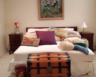 Chippendale Style Ball and Claw Bed and Nightstands. Steamer Trunk, Still Life Oil Painting.