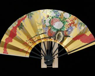 Japanese Folding Fan with Floral and Cart Motif (Hanaguruma)