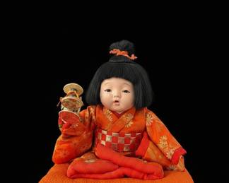 Vintage Japanese Ichimatsu Ningyo Doll with Wooden Plaque