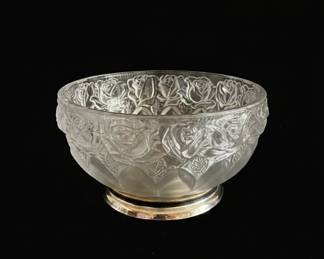 Frosted Glass Bowl with Floral Motif and Silver-Tone Base