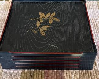Set of 5 Japanese Lacquer Trays with Foliate Design