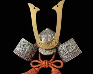 Japanese Samurai Helmet (Kabuto) Display with Dragon Motifs