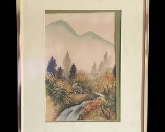 Japanese Landscape Watercolor Painting with Signature and Seal