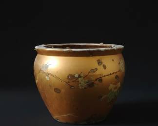 Vintage Chinese Porcelain Planter with Gold Glaze and Blossom Motifs