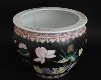 Chinese Porcelain Famille Noire Fish Bowl with Lotus and Goldfish Motif