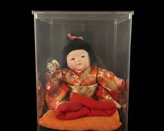 Vintage Japanese Ichimatsu Ningyo Doll with Wooden Plaque