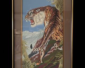 Vintage Japanese Tiger and Bamboo Silk Embroidery
