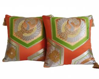 Japanese Silk Brocade Obi Cushion Covers with Crane Motif