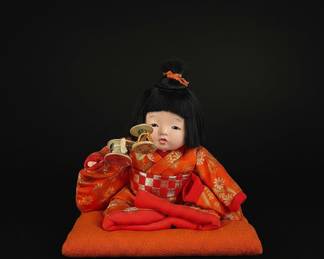 Vintage Japanese Ichimatsu Ningyo Doll with Wooden Plaque