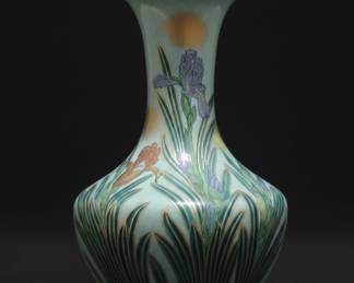 Art Nouveau Ceramic Vase with Iris and Dragonfly Motif