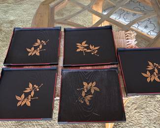 Set of 5 Japanese Lacquer Trays with Foliate Design