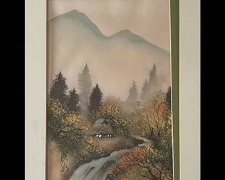Japanese Landscape Watercolor Painting with Signature and Seal