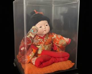 Vintage Japanese Ichimatsu Ningyo Doll with Wooden Plaque