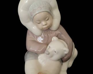 Lladro Porcelain Figurine - Eskimo Child with Polar Bear Cub (Model #1195)