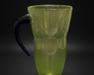 Blenko Art Glass Chartreuse Pitcher with Cobalt Blue Handle