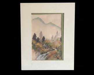Japanese Landscape Watercolor Painting with Signature and Seal