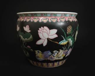 Chinese Porcelain Famille Noire Fish Bowl with Lotus and Goldfish Motif