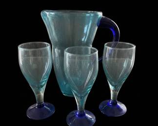 Mexican Hand-Blown Cobalt Blue Rim Pitcher and Goblets Set