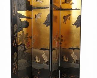 Asian Four Panel Coromandel Screen with Cranes and Landscape