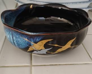 Japanese Ceramic Bowl with Gold Cranes