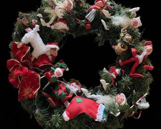Vintage Kitsch Elf and Santa Christmas Wreath