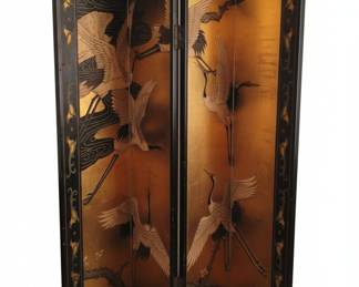 Asian Four Panel Coromandel Screen with Cranes and Landscape