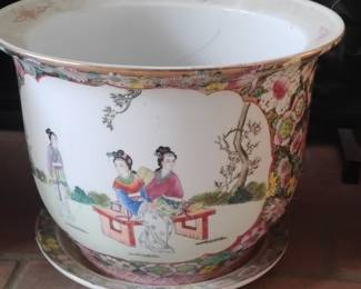 Rose Medallion Porcelain Fish Bowl Planter with Saucer