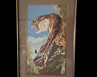 Vintage Japanese Tiger and Bamboo Silk Embroidery