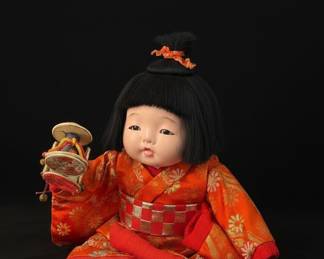 Vintage Japanese Ichimatsu Ningyo Doll with Wooden Plaque