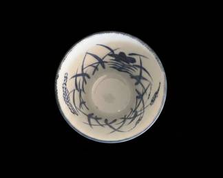 Japanese Porcelain Sake Cup with Blue Flower and Calligraphy Design