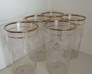 Vintage Bartlett Collins Etched Grapevine Gold Rim Tumblers
