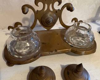 Brass and Glass Double Inkwell