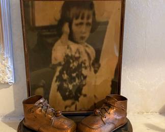 Bronzed Baby Shoes with Framed Portrait