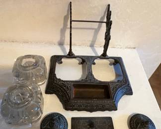 Victorian Double Inkwell Set with Pen Holder