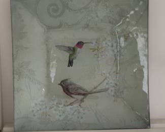 J. McGannon Art Glass Plate with Hummingbird and Robin
