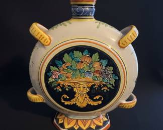Deruta "Medici" Style Ceramic Flask Vase with Grotesque Face
